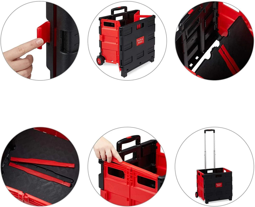 Carrello della spesa pieghevole con maniglia e ruote in gomma portata 35 kg carrello da mercato in alluminio e plastica rosso 13_0000708_3