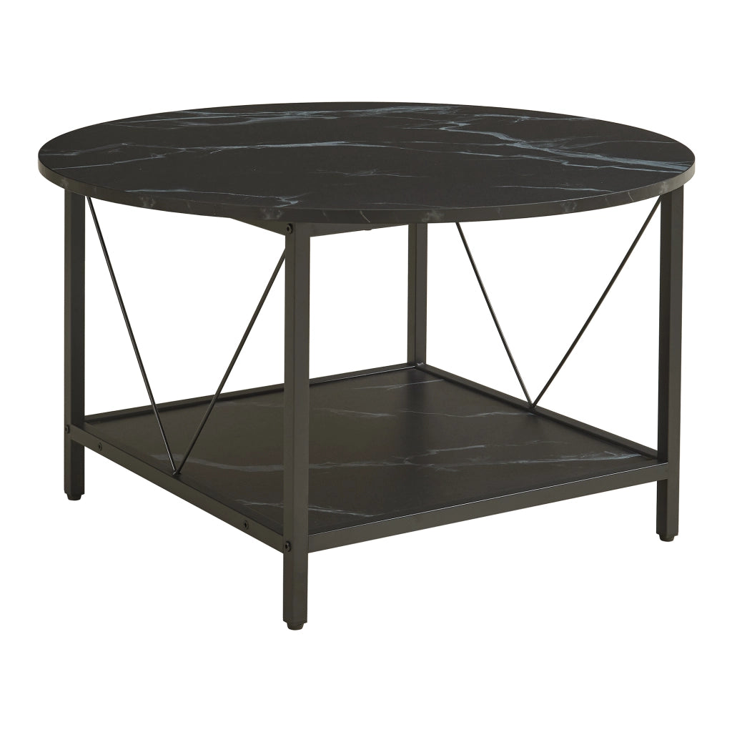 Tavolino da Caffè Filem con Piano Rotondo e Ripiano ØxA: 80 x 46 cm - Effetto Marmo Nero [en.casa]