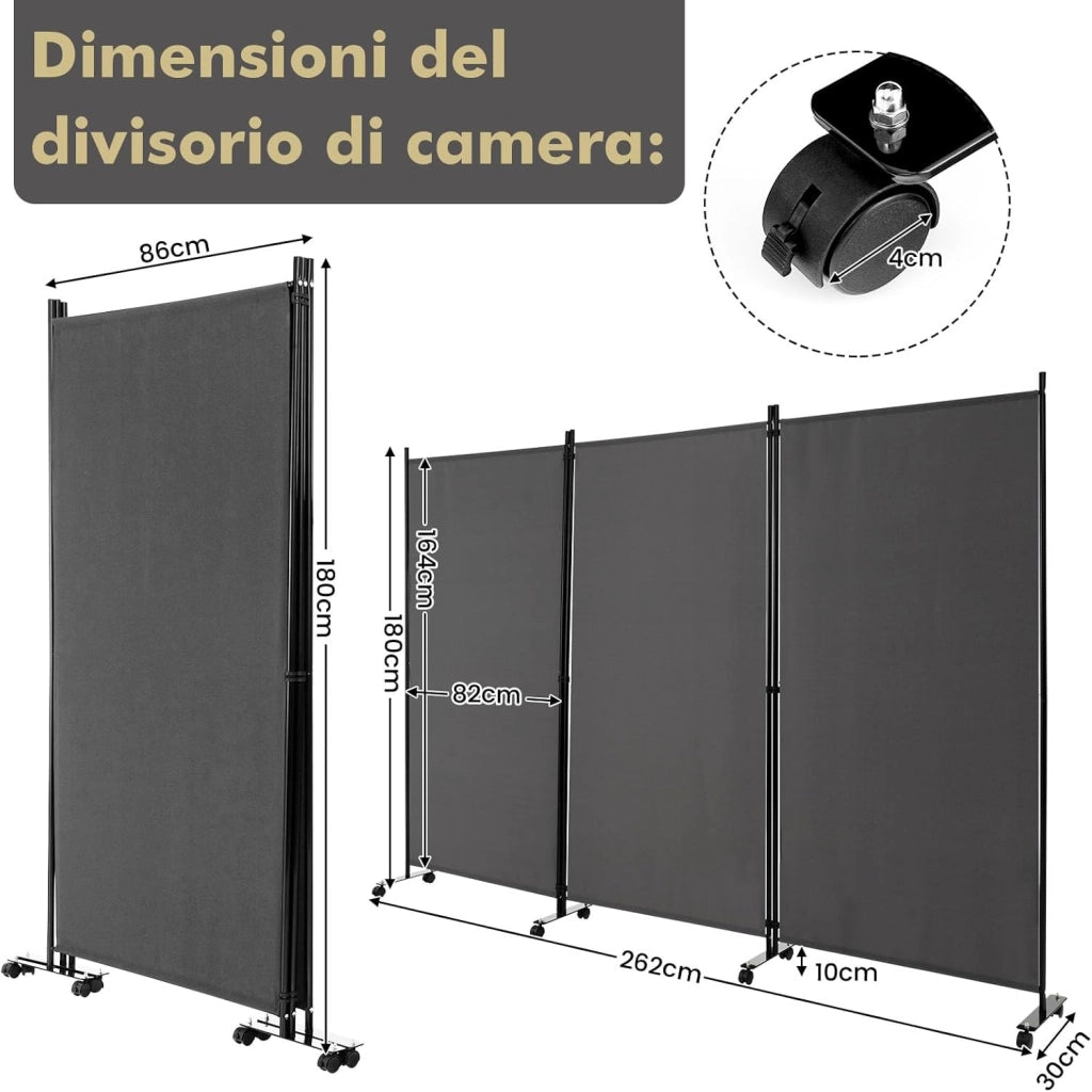 Paravento da Interno in Metallo, Separé Divisorio Interno Pieghevole con Piedini Stabili, Pannelli Divisori per Interni per Casa e Ufficio (Grigio, 262 x 180 cm (3 Pannelli con ruote))