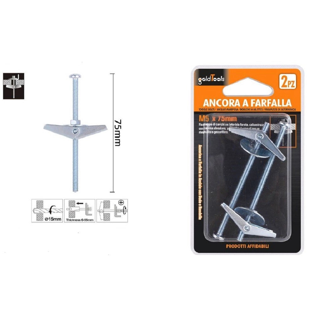 Trade Shop - Set 2pz Ancora A Farfalla In Acciaio Con Dado E Rondella Tassello M5x75 Mm 57226 -