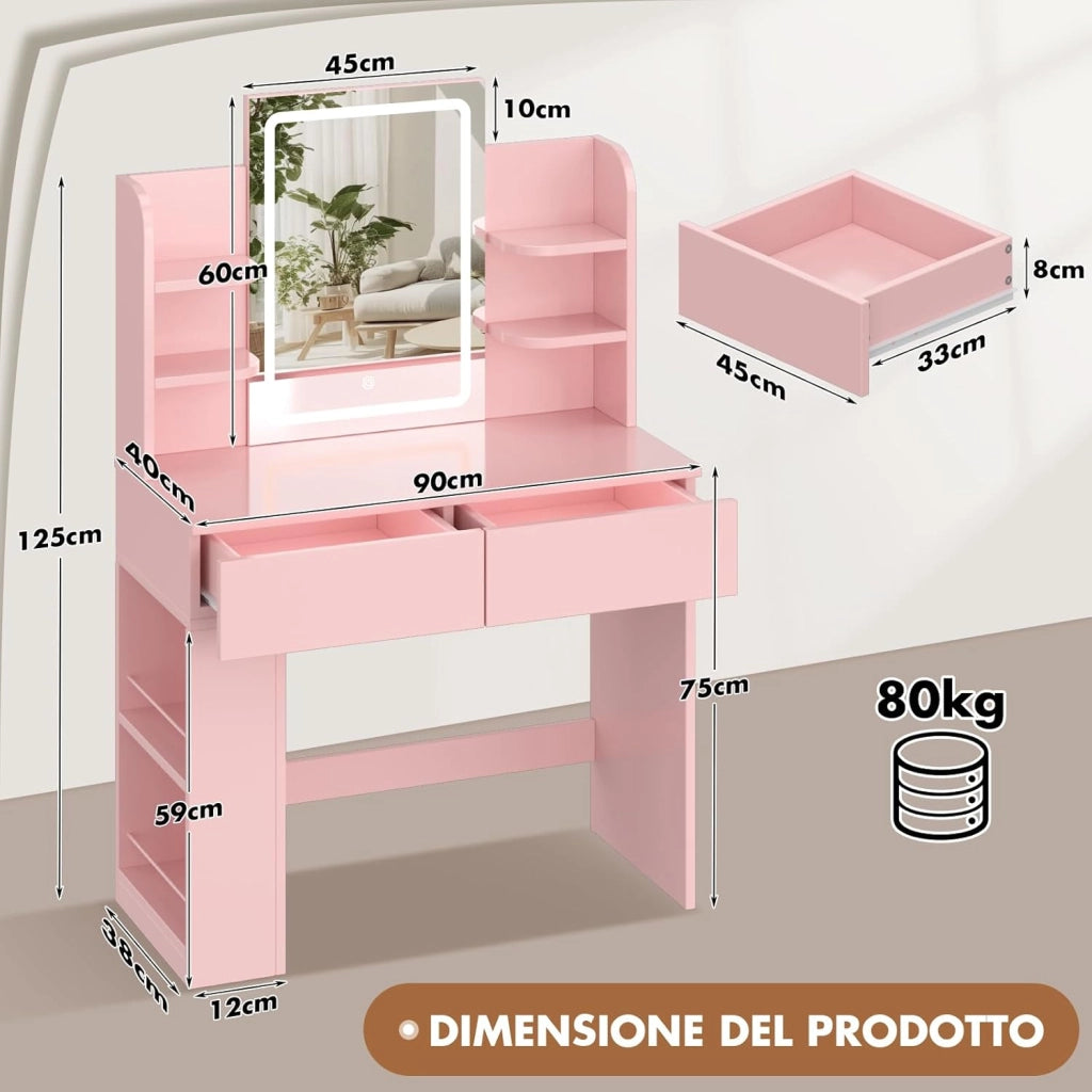 Toeletta Trucco con Luci LED 3 con Luminosità Regolabile,Tavolo da Trucco con Specchio, Ripiani Regolabili, 2 Cassetti, in Legno,Moderno (Rosa, 90cm)