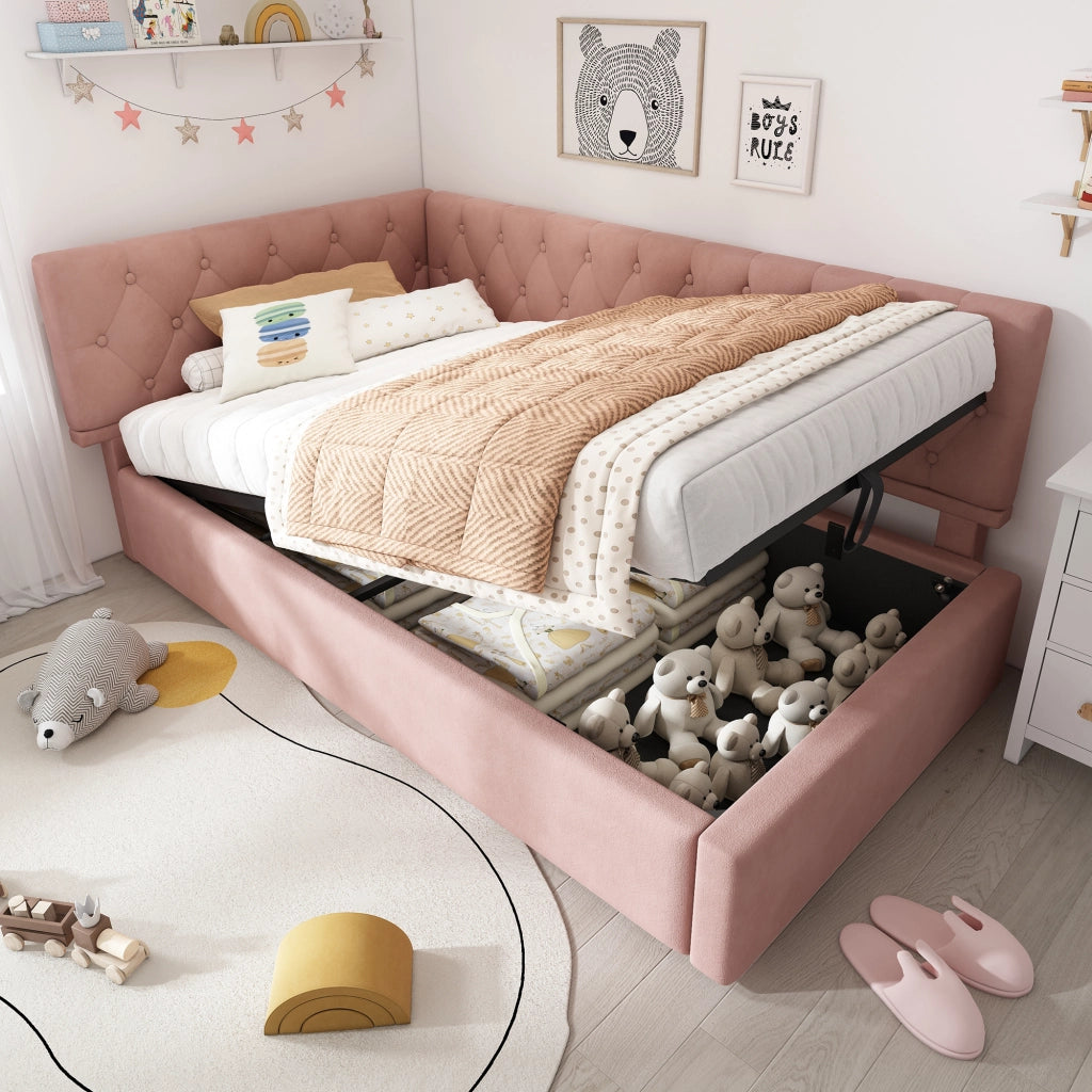 OKWISH Letto a Divano 90×190 cm, Letto Singolo con Contenitore, Testiera Reversibile e Rivestimento in Velluto, senza Materasso, Rosa