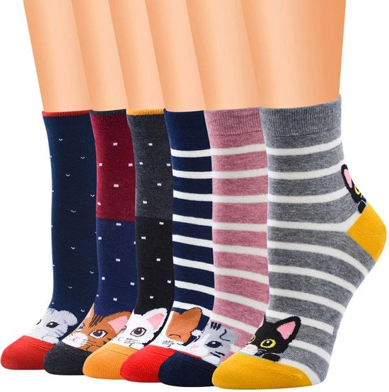 Soffiante calze per bambine, cotone: calze corte con stampa di gatti, gattini, cartoni, strisce, fantasia, 6 paia, età 2-11