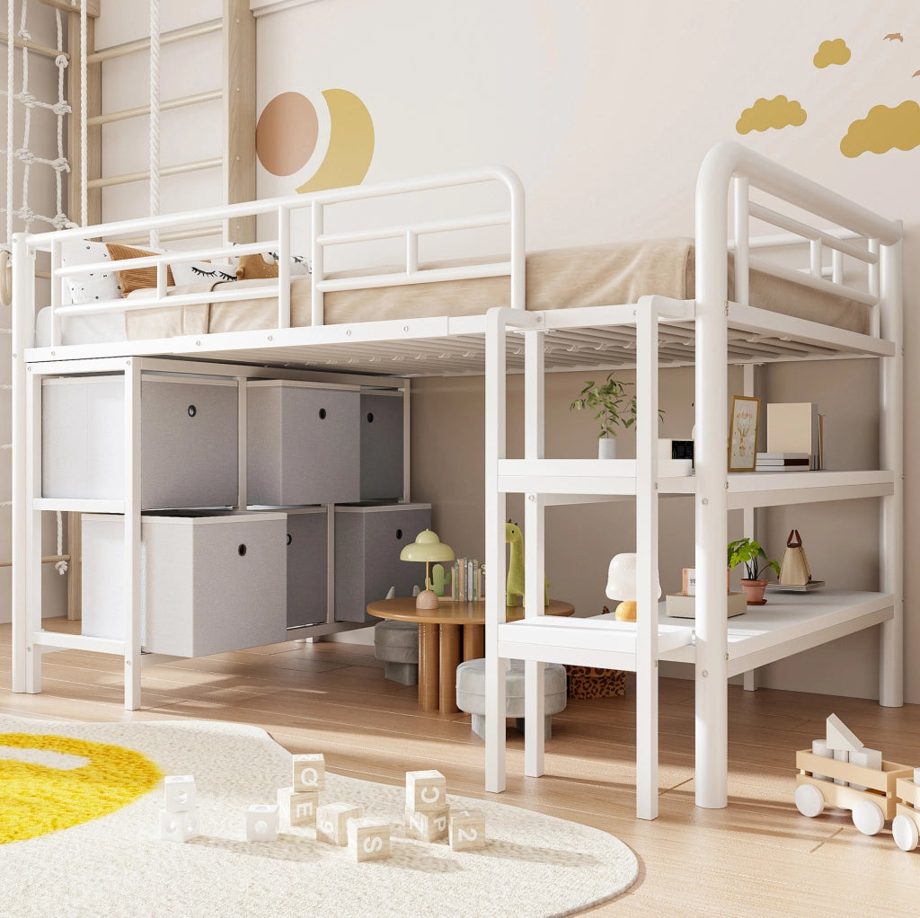 Letto a soppalco basso per bambini 90x200 cm in metallo e MDF bianco con scala e cassetti
