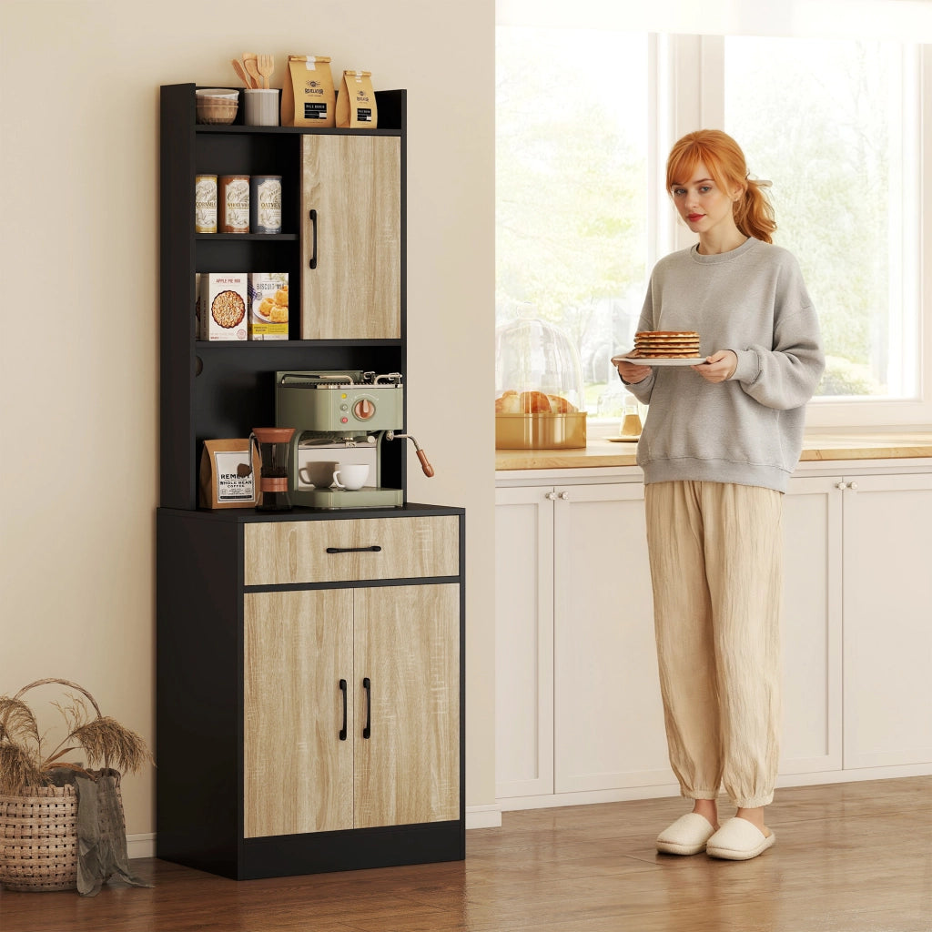 Mobile da cucina con piano di lavoro e passacavi ¨C Xylo ¨C con cassetto e 3 ripiani aperti, legno naturale e nero