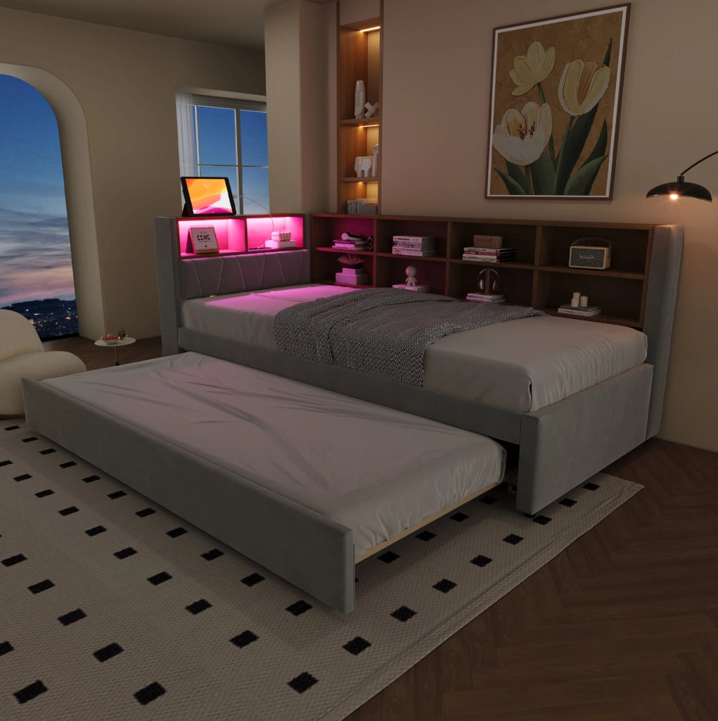 Divano letto multifunzione con letto estraibile, LED e porte di ricarica