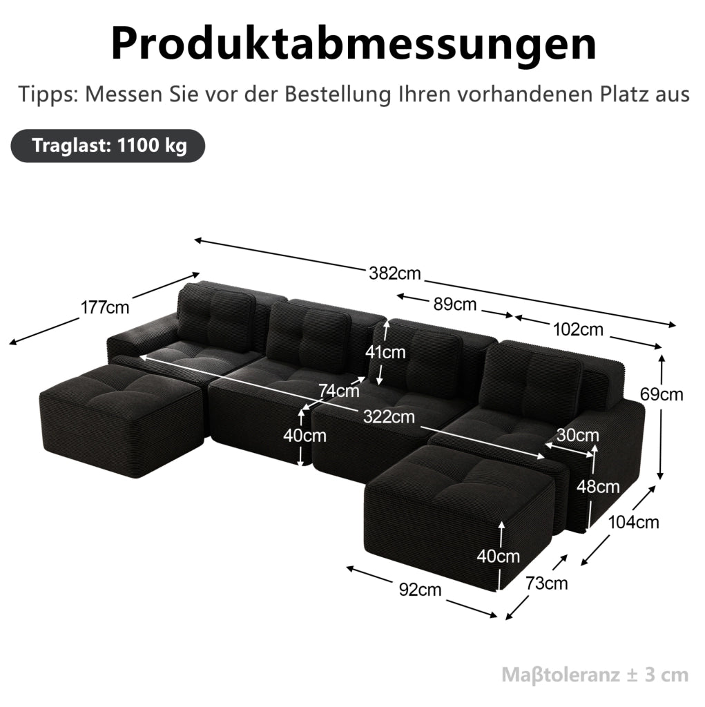 Divano modulare 4 posti con chaise longue a U 382x177x69 cm in velluto a coste nero