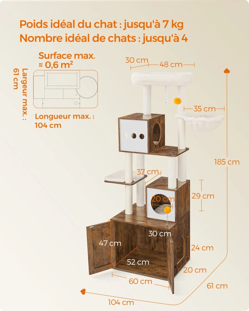 Tiragraffi moderno con copertura per lettiera torre gioco tiragraffi con lettiera 185 cm nascondiglio piattaforma tappetini lavabili beige 12_0003866