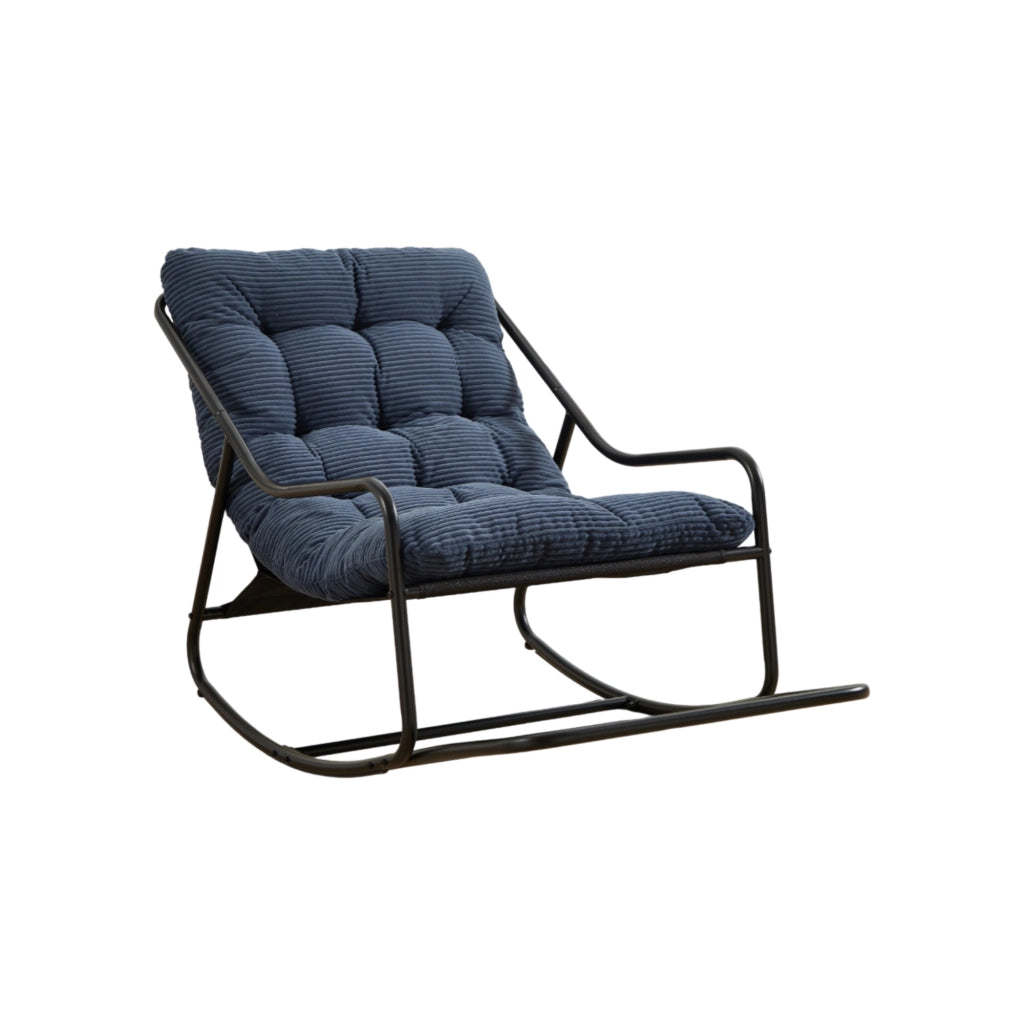 Sedia a dondolo con cuscino spesso in tessuto a coste blu navy, struttura in acciaio, 75 × 116 × 82 cm