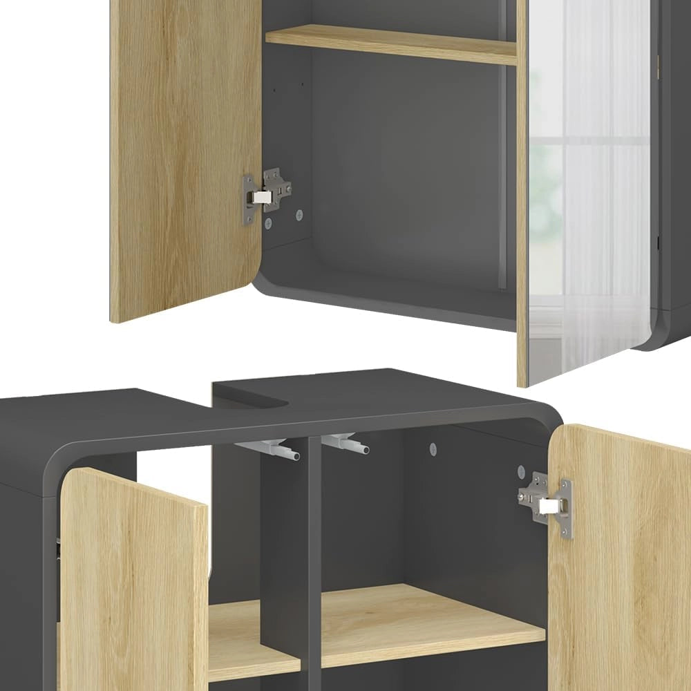Set di mobili da bagno Arla, Antracite/quercia, 60 cm, composto da mobile lavabo, pensile a specchio, colonna e base media