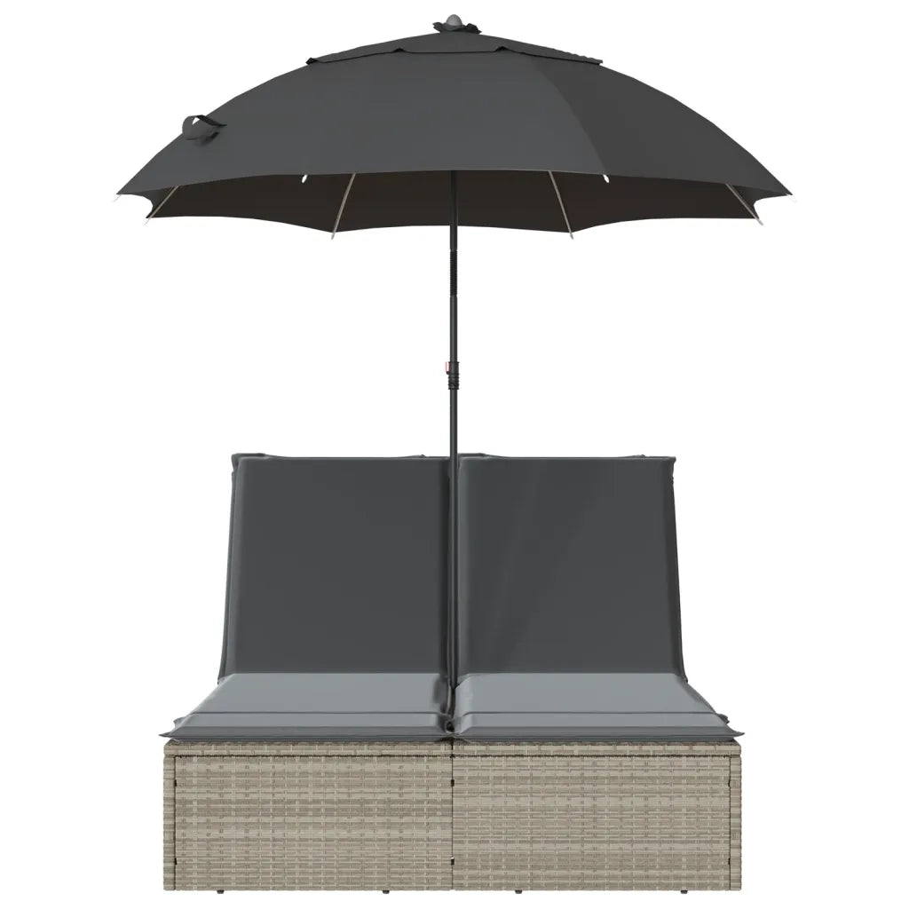 Lettino Prendisole Cuscini e Parasole Grigio Chiaro Polyrattan