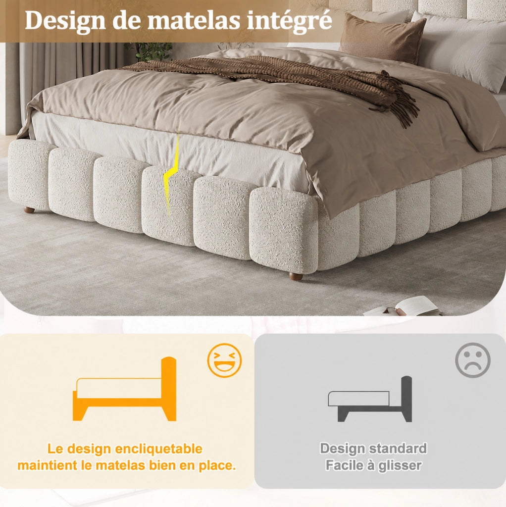 Letto matrimoniale 140x200 cm con contenitore idraulico e rete a doghe; bouclé bianco