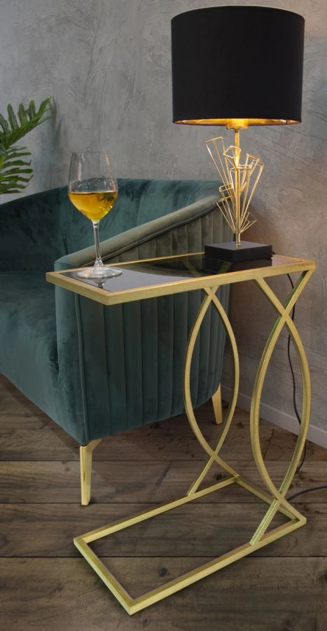 Tavolinetto da Divano Glam 45,5x25,5x60 cm in Ferro e Vetro Nero e Oro