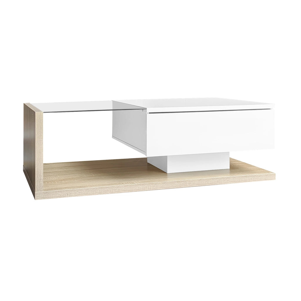 TAVOLINO DA SALOTTO 105x55 cm Bianco lucido e legno con vetro e LED