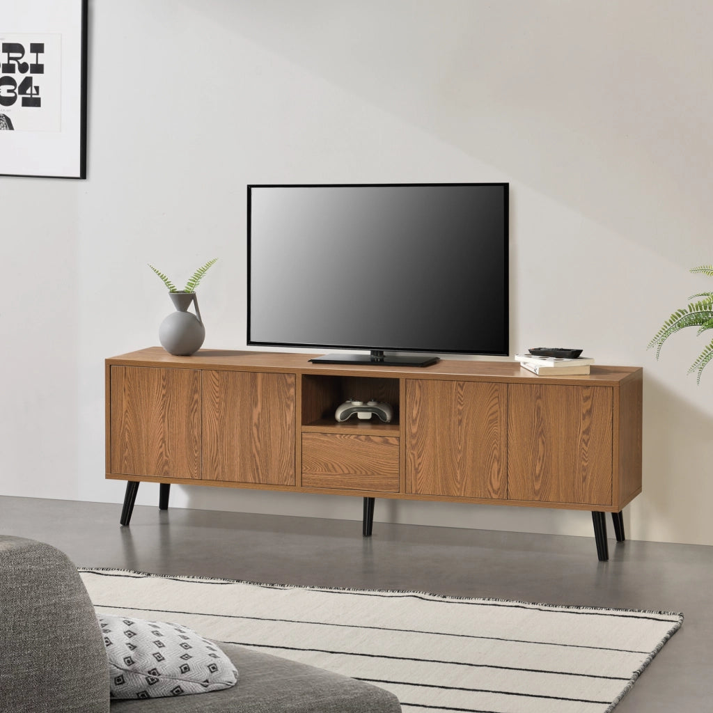 Mobile Porta TV con 5 Ante e 1 Scomparto, Apertura Push-to-Open Mobiletto Multiuso per Camera/Ufficio Armadietto su Piedini in Legno Massiccio Consolle 140x30x45,5 cm - Effetto Legno Scuro