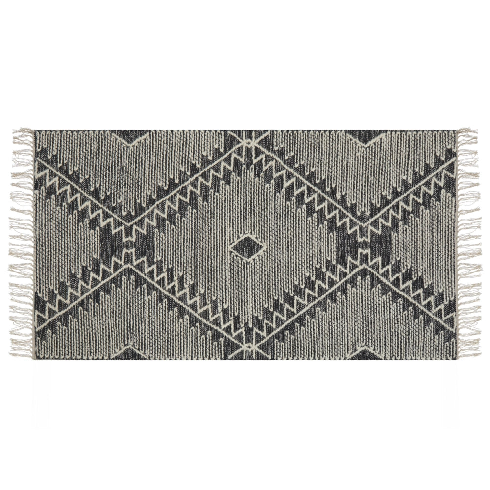 Tappeto in cotone bianco panna nero 140 x 200 cm lana motivo geometrico nappe orientale tribale