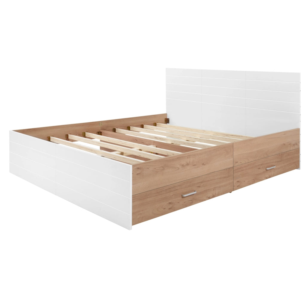 Letto matrimoniale 140x200 cm con 2 cassetti e rete a doghe; legno e MDF bianco e rovere chiaro