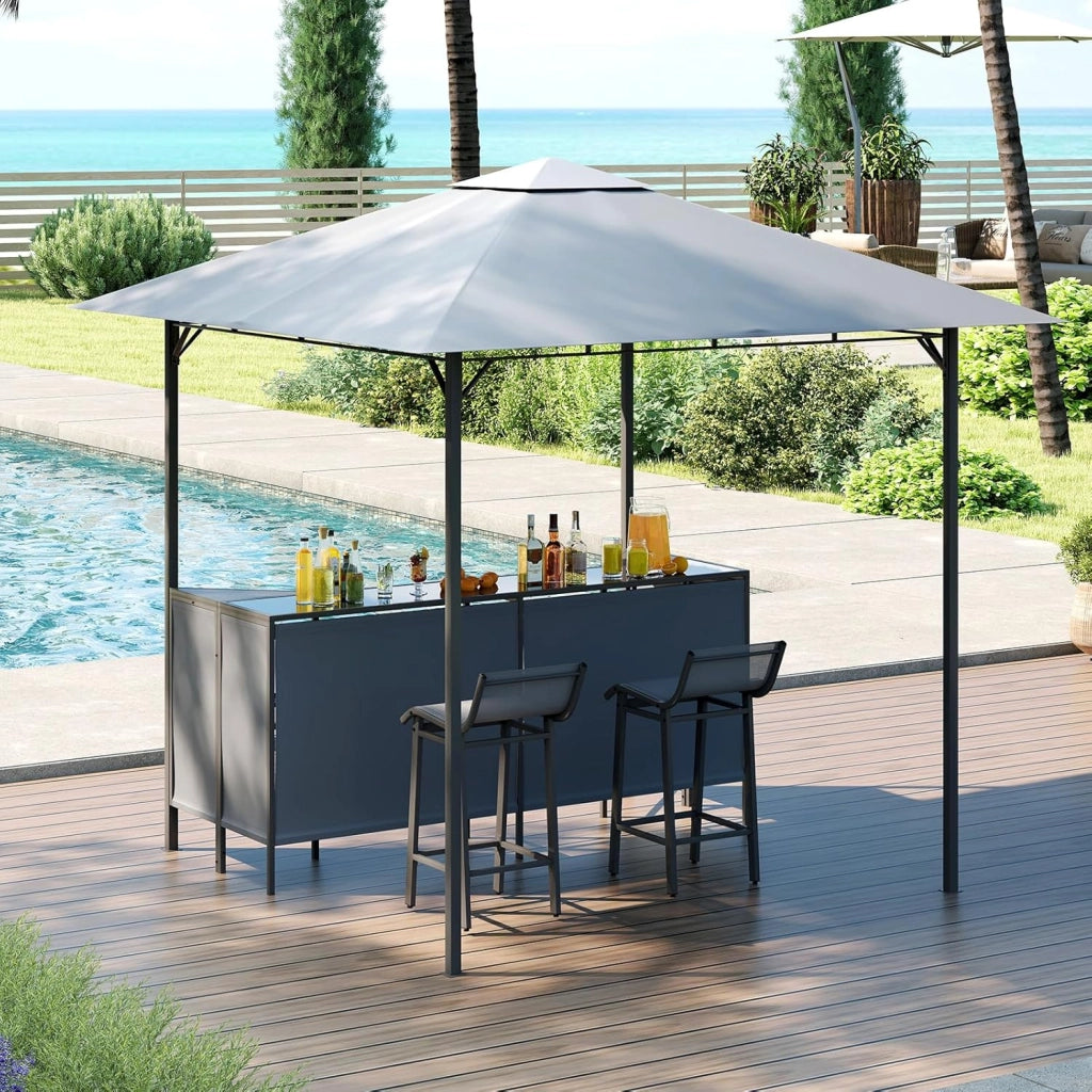 Gazebo da Esterno 245 x 245 x 243 cm, Set da Bar 3 Pezzi con Doppio Piano con 2 Sgabelli, Tavolo in Vetro Temperato e 2 Sedie, Tenda Impermeabile per Feste, BBQ in Giardino e Cortile