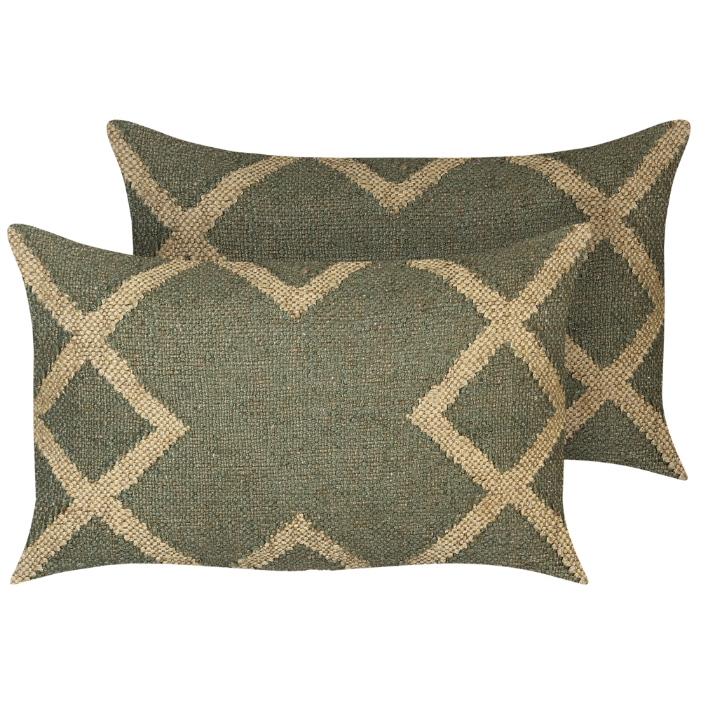 Set di 2 cuscini in iuta e lana verde e beige motivo geometrico 30 x 50 cm camera da letto soggiorno