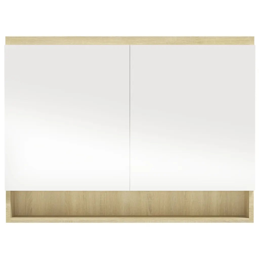 Armadietto Bagno con Specchio-Mobiletto a specchio 80x15x60cm in MDF Bianco e Rovere