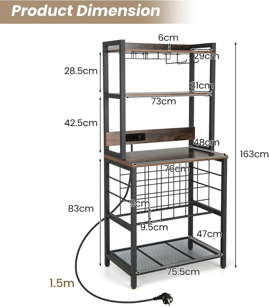 Scaffale per vino con prese e USB per 24 bottiglie e tazze, mensola da cucina a 5 Ripiani con piano di lavoro, scaffale multiuso per più dispositivi, portabottiglie per vino 76 x 48 x 163 cm