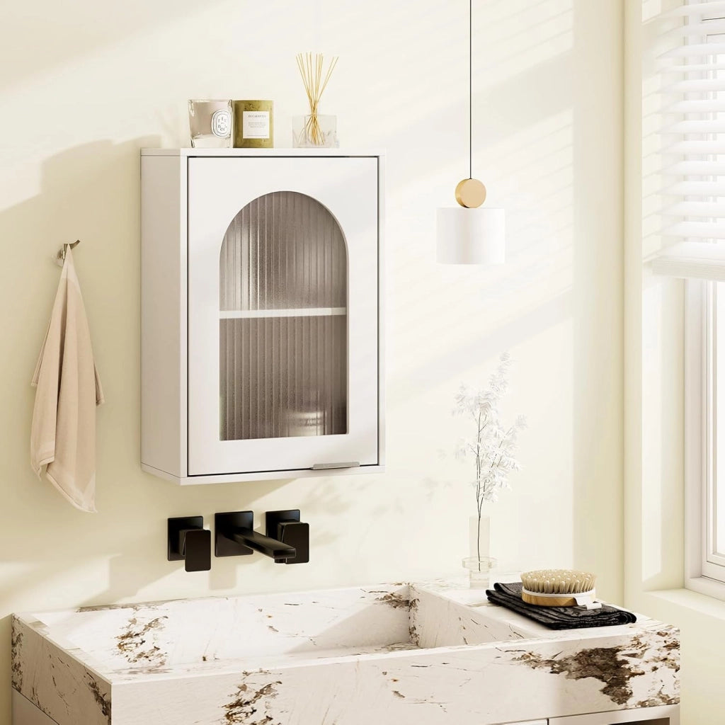 Armadietto da Parete 35 x 20 x 52,5 cm, Mobiletto Salvaspazio con Porta in Vetro Temperato e Ripiano Regolabile, Mobile Cucina per Lavanderia, Soggiorno e Bagno