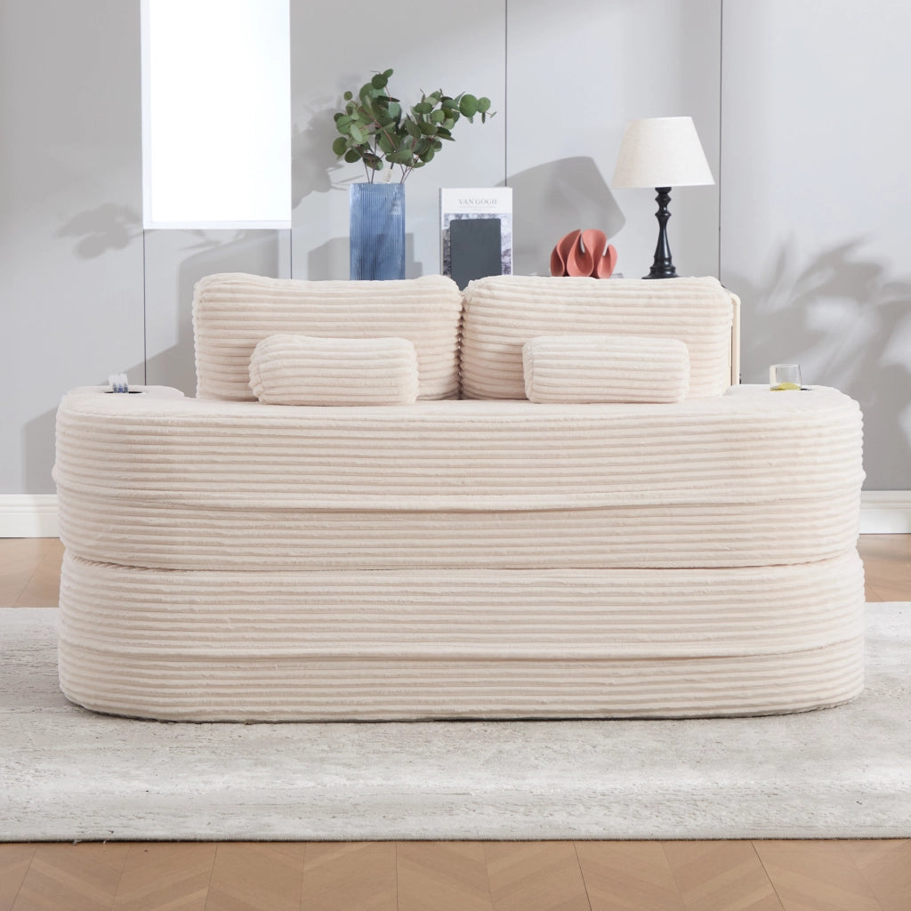 Divano convertibile 2 in 1 con braccioli rimovibili, portabicchieri doppi e schienale alto in velluto a coste beige
