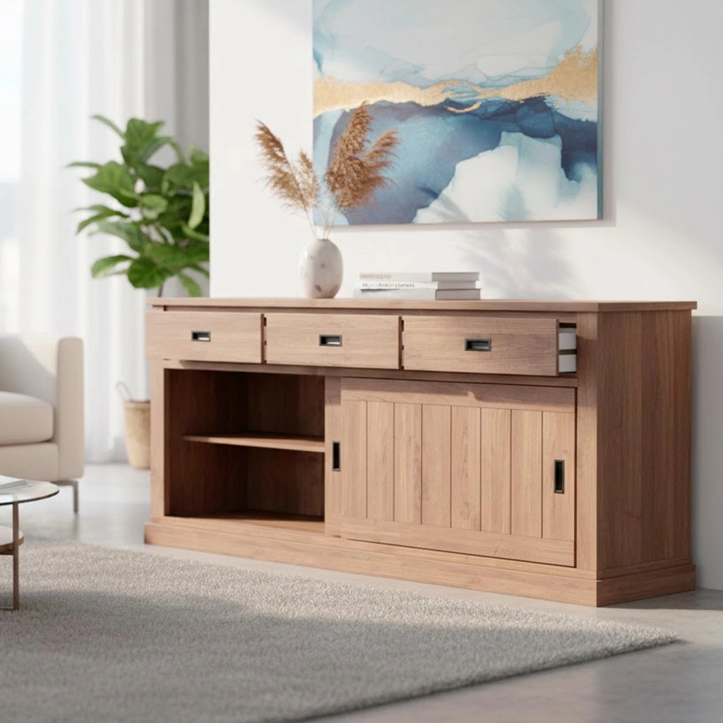 Madia Dispensa Con 3 Cassetti 2 Ante Scorrevoli E 4 Ripiani Interni Credenza Mobile Buffet Per Soggiorno Cucina Zona Living Design Classico Moderno 220 X 50 X 95 Cm Noce