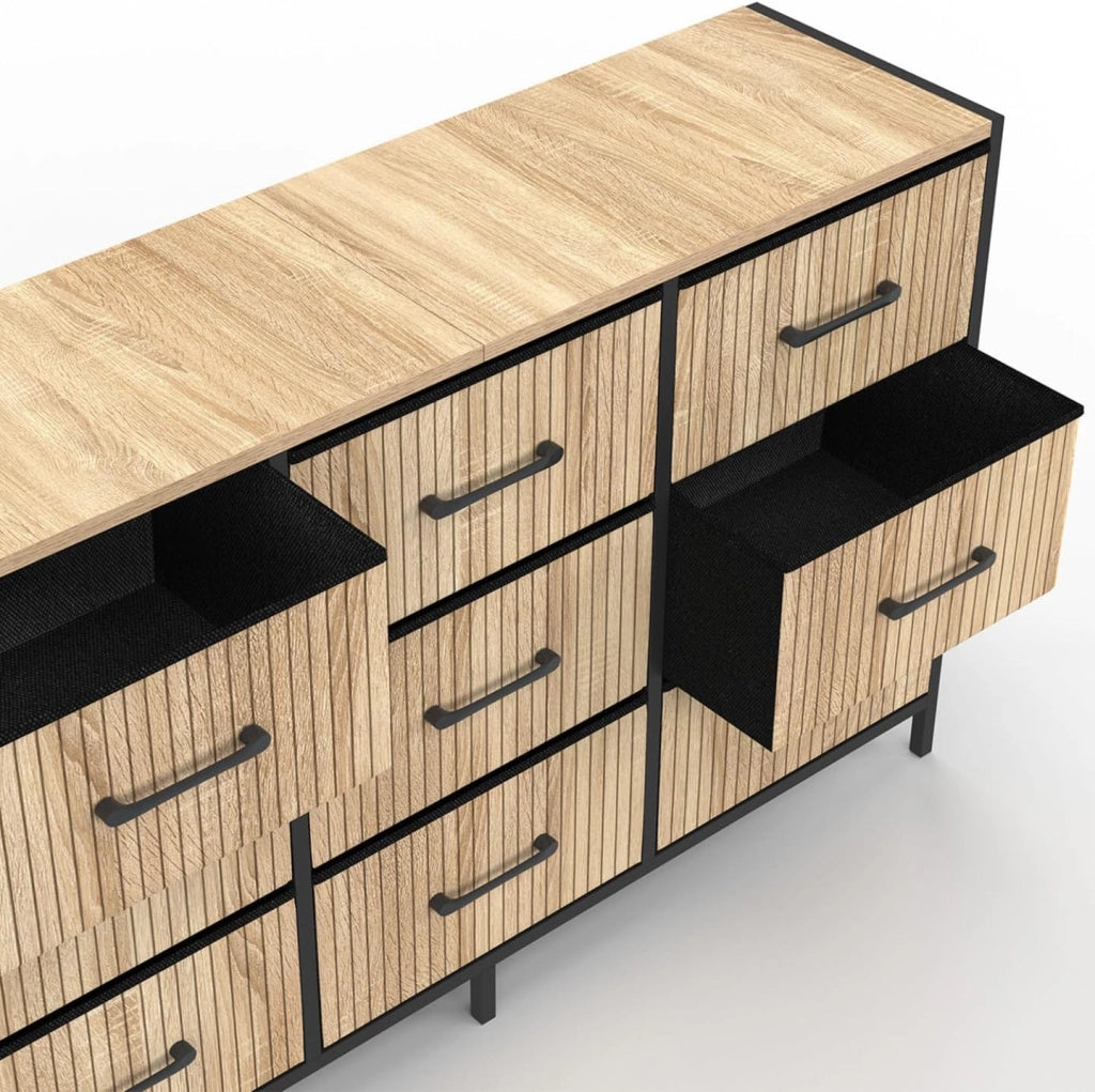 Cassettiera in tessuto a 9 cassetti UTAH 115 CM, mobile contenitore di design industriale con effetto a doghe