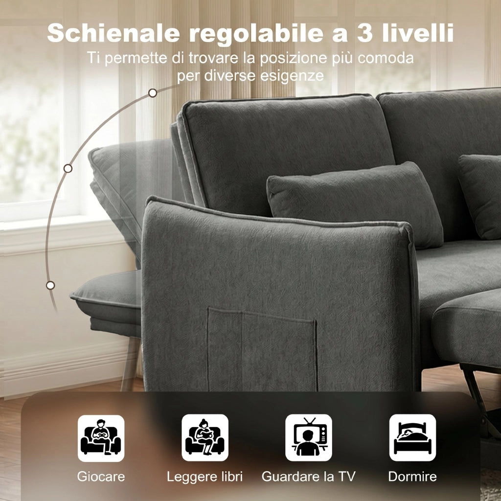 Divano Letto 2 Posti con Schienale Regolabile ¨C Zephmum ¨C Grigio Scuro in Ciniglia