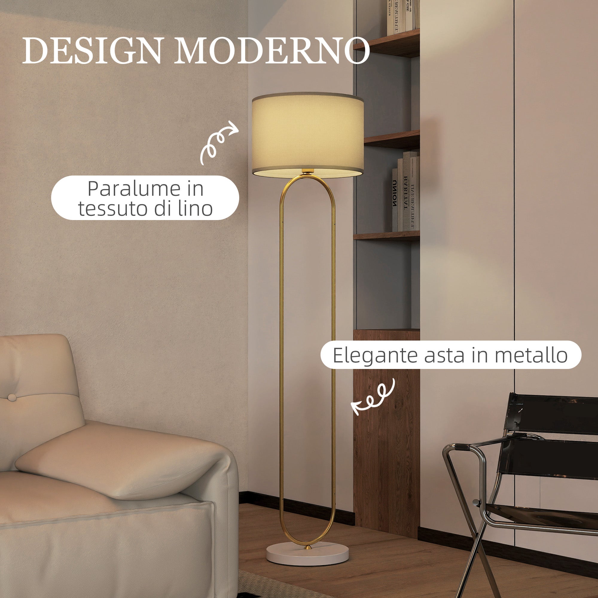 Lampada da Terra Moderna Design ad Arco Ø38x156 cm in Metallo e Tessuto Oro