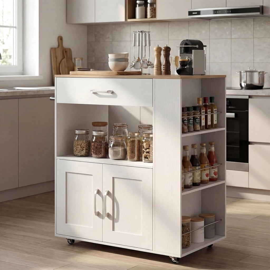 Credenza da Cucina su Ruote, Isola Mobile, Carrello da Servizio con Cassetto e 3 Ripiani, 2 Colori, 75 x 46 x 90,5 cm75 x 46 x 90,5 cm (Bianco)