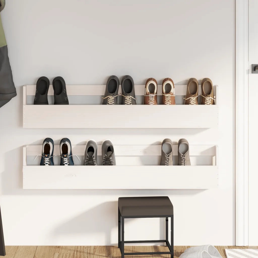 Scarpiere a Parete 2pz-Set di 2 Scaffale per scarpe Bianco 110x9x23cm Legno Massello di Pino