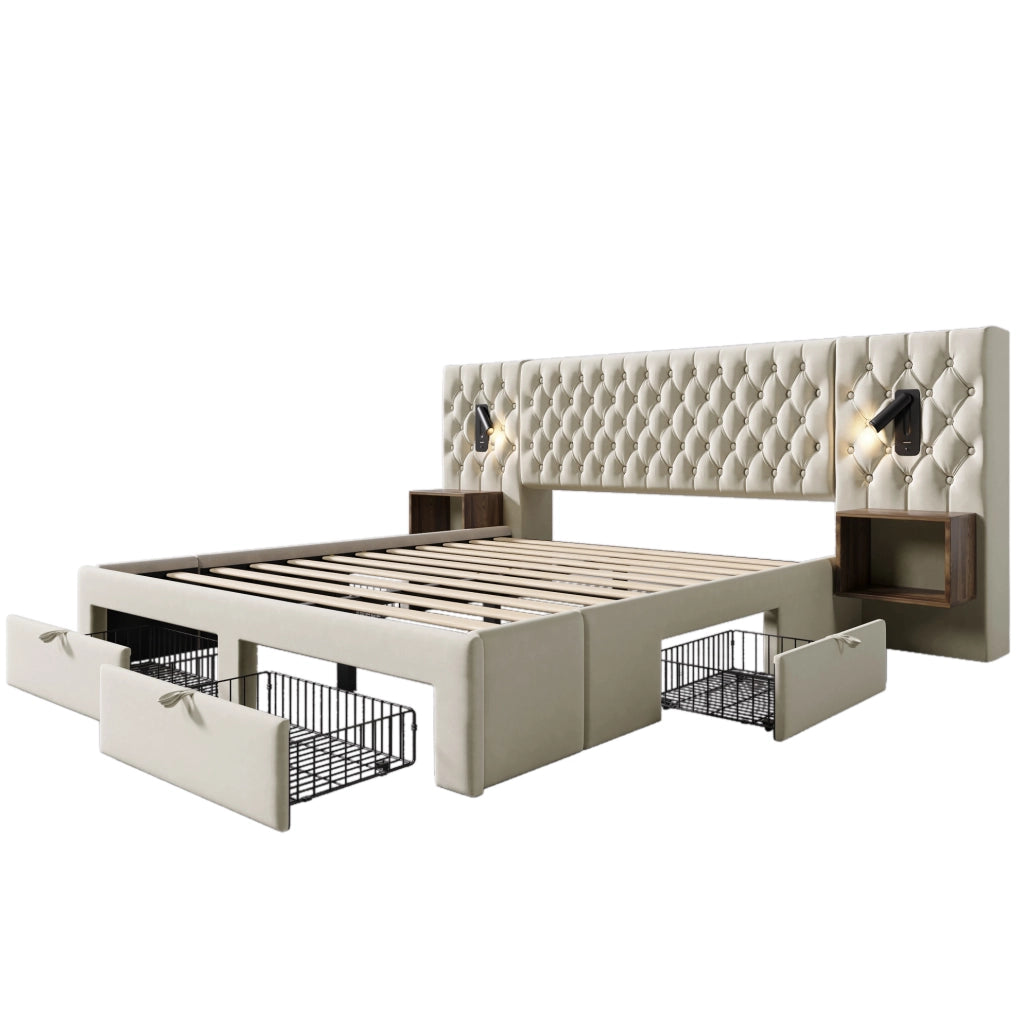 Letto matrimoniale 180x200 cm in velluto beige con 2 comodini; 4 cassetti; luci lettura; USB Type-C