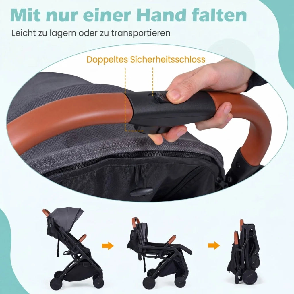 Foldable stroller with rain cover & adjustable backrest & footrest, travel buggy, grey