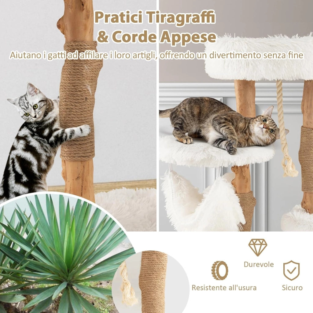 Albero per Gatti in Legno Alto 87 cm con Amaca, Albero Tiragraffi per Gatti a 5 Livelli, con Piattaforma Superiore, Mobile per Gatti da Interno, Bianco