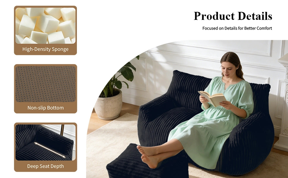 Pouf sacco ergonomico con imbottitura in memory foam, morbido e senza montaggio, in flanella nera