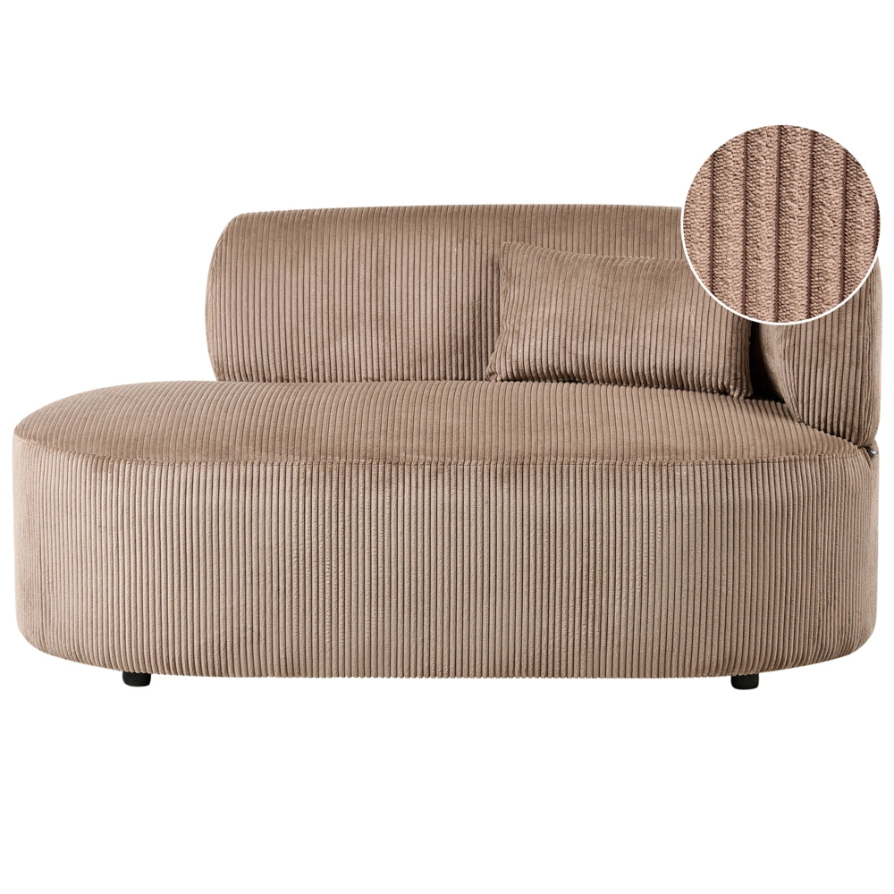 Chaise longue con rivestimento in velluto a coste beige sabbia e cuscino decorativo lato destro