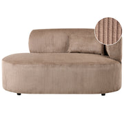 Chaise longue con rivestimento in velluto a coste beige sabbia e cuscino decorativo lato destro