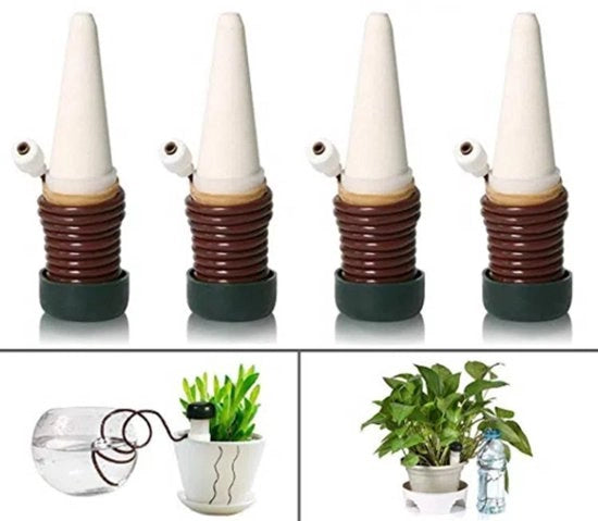 Sistema di autoirrigazione per piante - Irrigazione a gocce automatica - Per piante di appartamento e balcone - Principio di sifone - Doccia ceramica - Incluso 4 cavi di irrigazione.