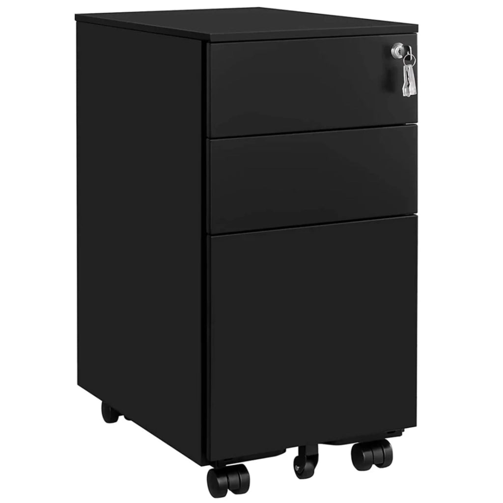 Cassettiera per ufficio su ruote con 3 cassetti e schedario sospeso 30 x 45 x 60 cm armadio per ufficio con serratura per archivi e documenti corpo dell'armadio preassemblato nero 12_0004808