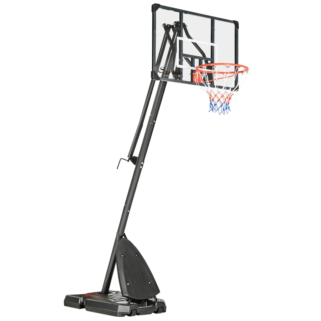 Supporto da basket regolabile in altezza da 293 a 350 cm con tabellone in acciaio su ruote per giardino e campo sportivo.