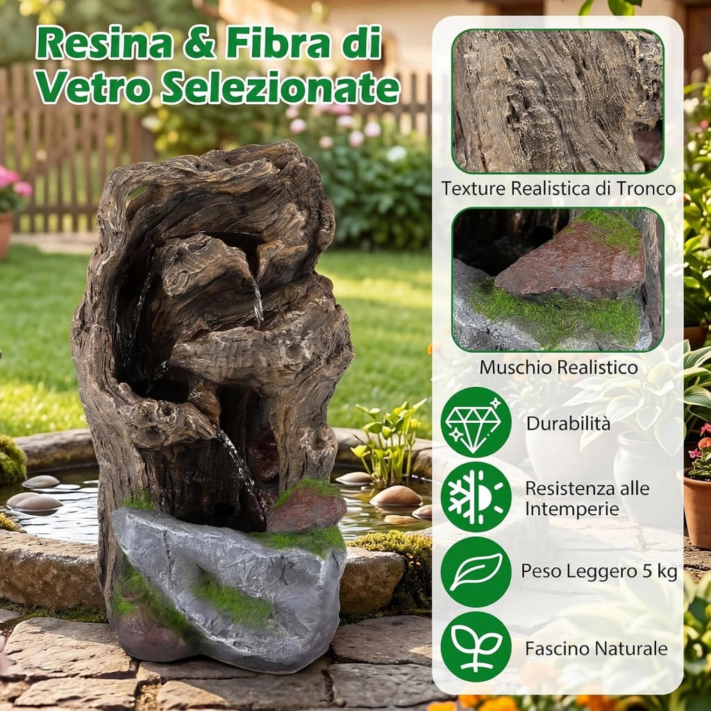 Fontana a Cascata, Fontana da Esterno con Illuminazione LED, Pompa e Muschio Artificiale, Ornamento Cascata in Stile Roccia per Cortile, Balcone e Salotto, 30,5 x 26 x 53 cm