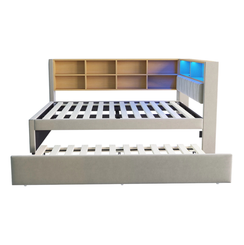 Divano letto multifunzione con letto estraibile, LED e vani contenitivi