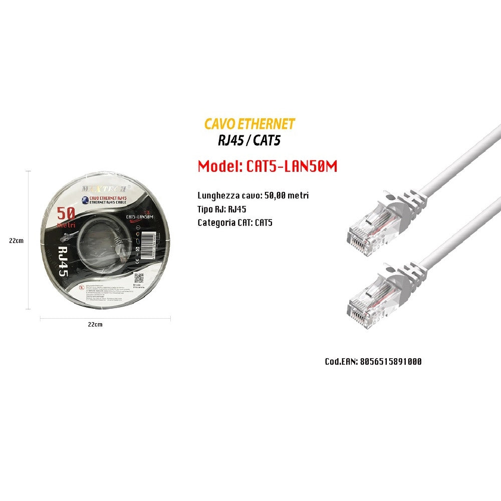 Trade Shop - Prolunga Cavi Ethernet Rete Lan Per Internet Rj45 Cat5 50mt Maxtech Cat5-lan50m -