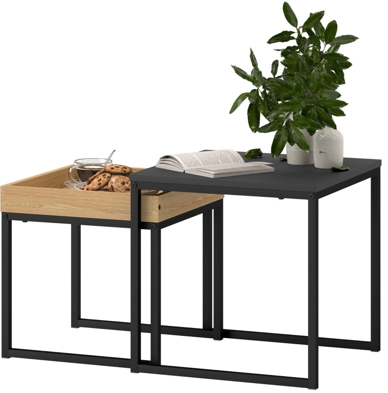 Tavolino da caffè 2 pezzi, design moderno, struttura in acciaio e piano in MDF