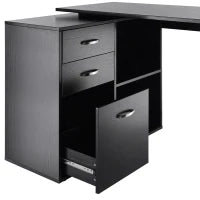 Scrivania Angolare per PC con 2 Cassetti e Ripiani Aperti, Scrivania ad Angolo Forma a L in Legno e Metallo, 117x83.5x76 cm, Nero