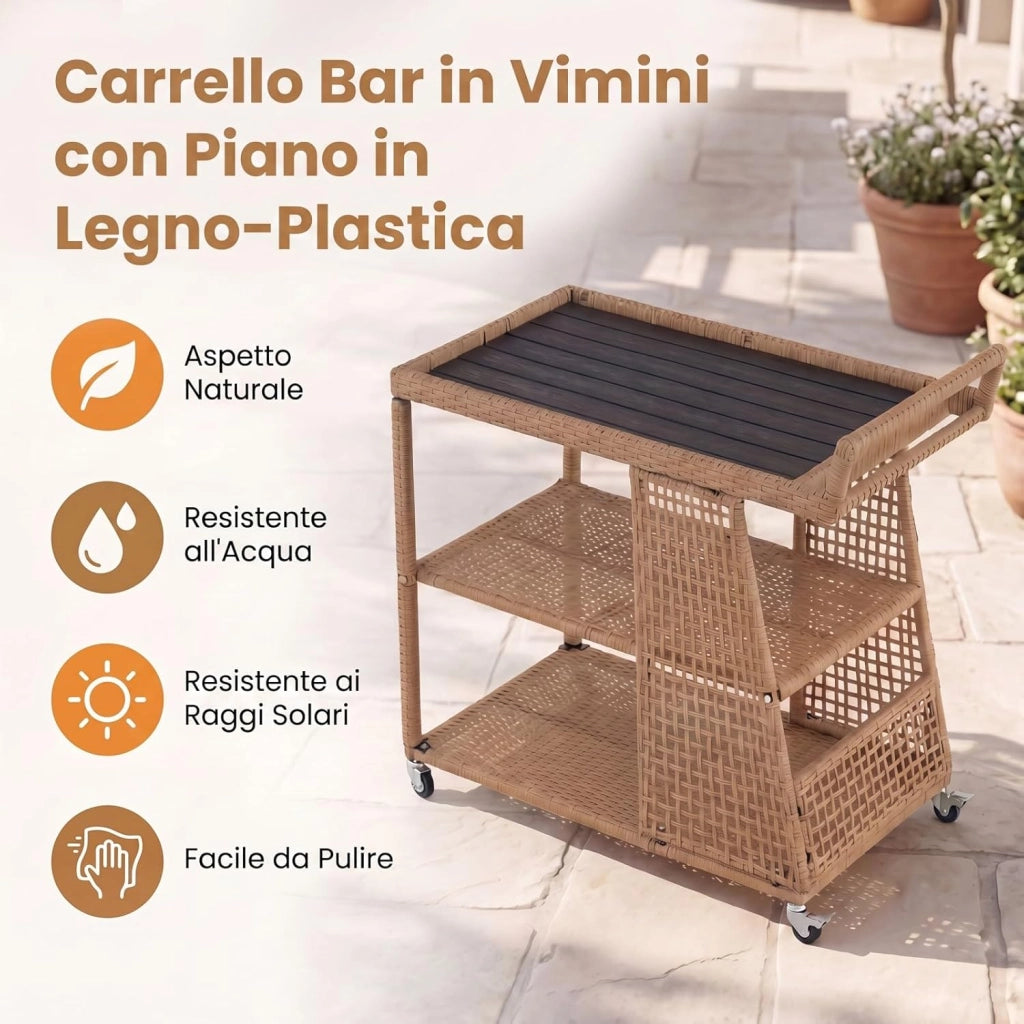 Carrello Bar in Rattan, Carrello Portavivande con 3 Ripiani Aperti e 4 Ruote, Maniglia Ergonomica, Moderno Carrellino Servizio Esterno Interno per Giardino, Terrazzo, Cucina, 98 X 54 X 92 CM