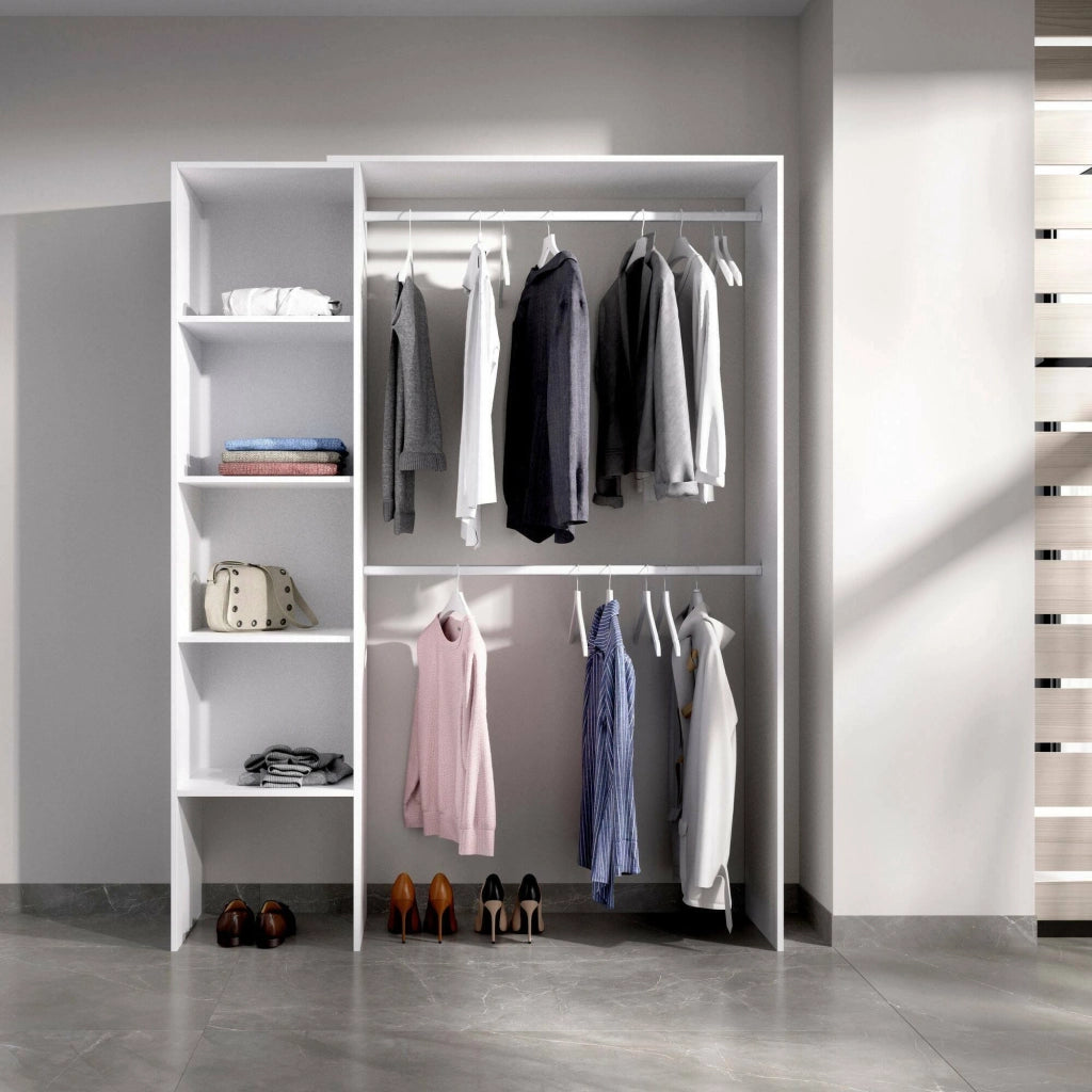 Guardaroba Acquata, Struttura per cabina armadio, Mobile appendiabiti aperto, 140x40h187 cm, Bianco