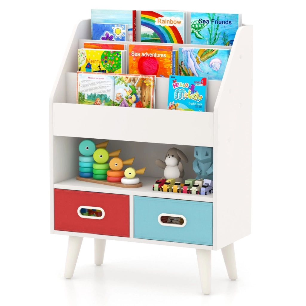 Libreria per bambini con libreria a 3 ripiani scomparto aperto e 2 cassetti in tessuto pieghevoli, Scaffale in legno Bianco